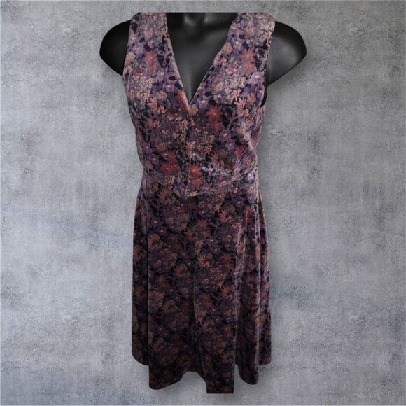 Vintage 90s Velvet Floral Two-Piece Set – Vest & A-Line Midi Skirt COTTAGE CORE - Picture 1 of 16